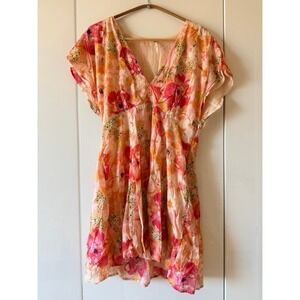 Free People Floral Gauze Mini Dress XS Pink Orange V-Neck Empire Waist